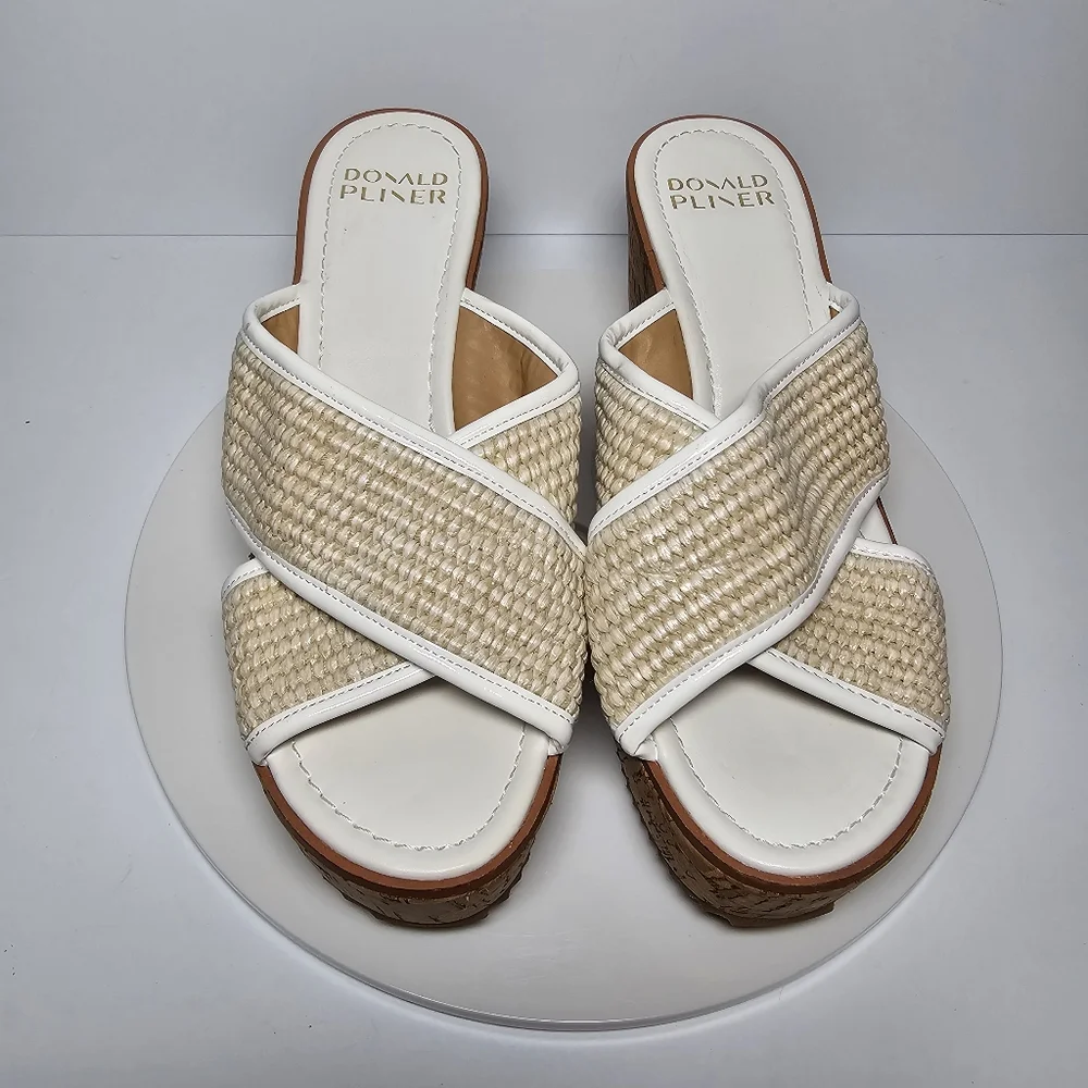 Donald Pliner Ilonar Wedge Platform Sandals Raffia Cork Neutral Tan White 10